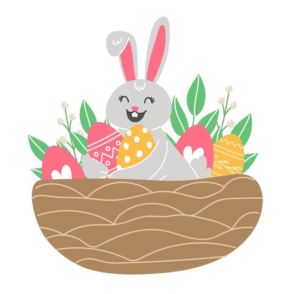 Pâques illustration avec peint des œufs dans une nid pour le vacances dans une dessin animé style vecteur
