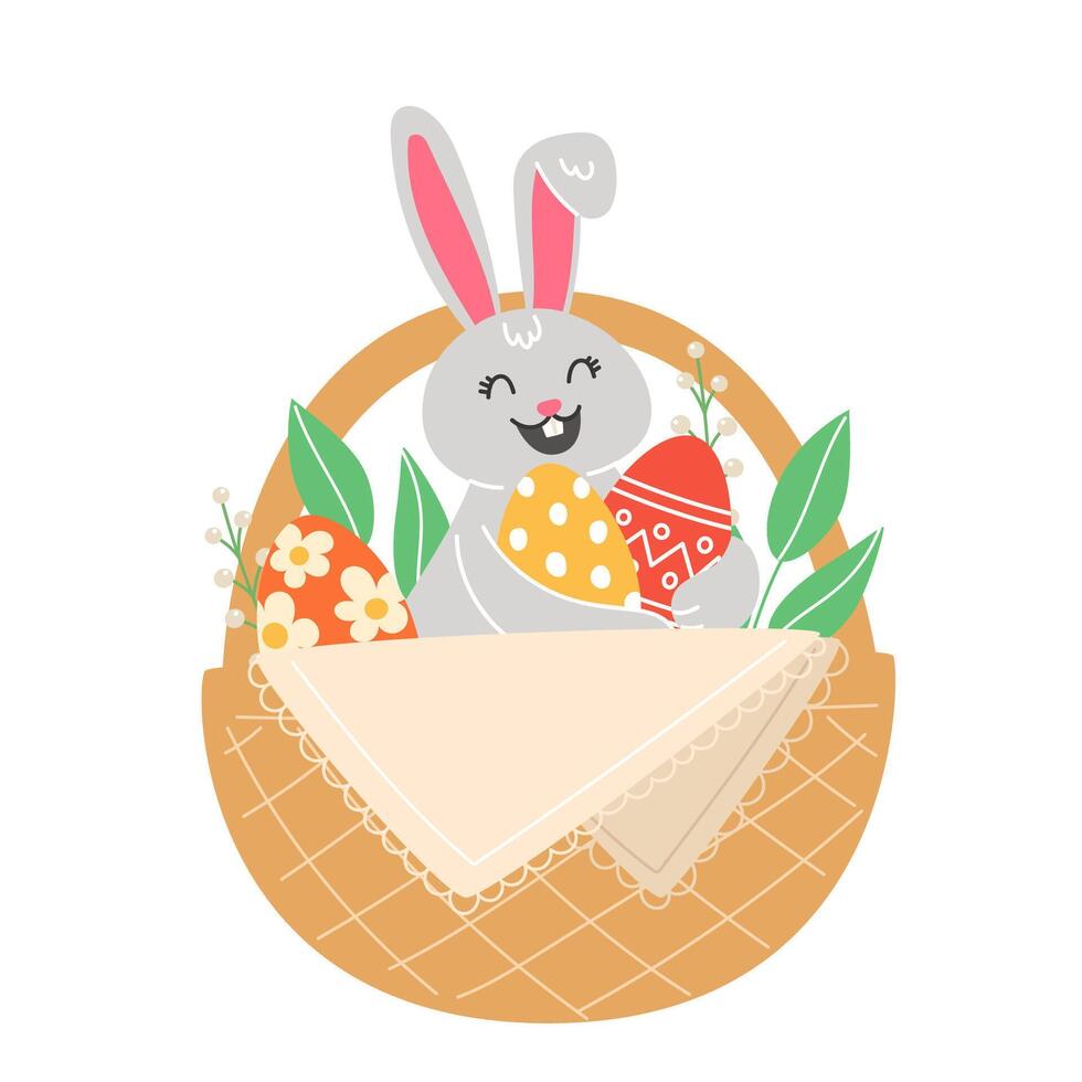 Pâques illustration avec lapin et peint des œufs dans une osier panier pour le vacances dans une dessin animé style vecteur