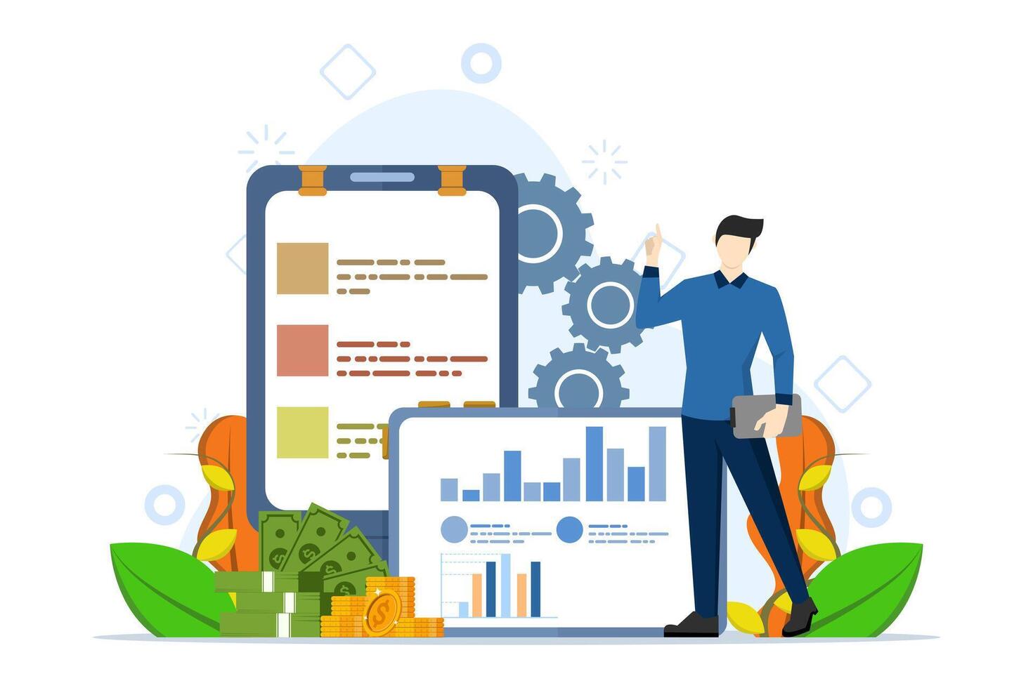 marché financier, analyse des revenus de placement ou de la gestion de l'argent, croissance économique, investisseur homme d'affaires détenant une tablette pour analyser les tableaux et graphiques financiers, concept de rapport boursier. vecteur