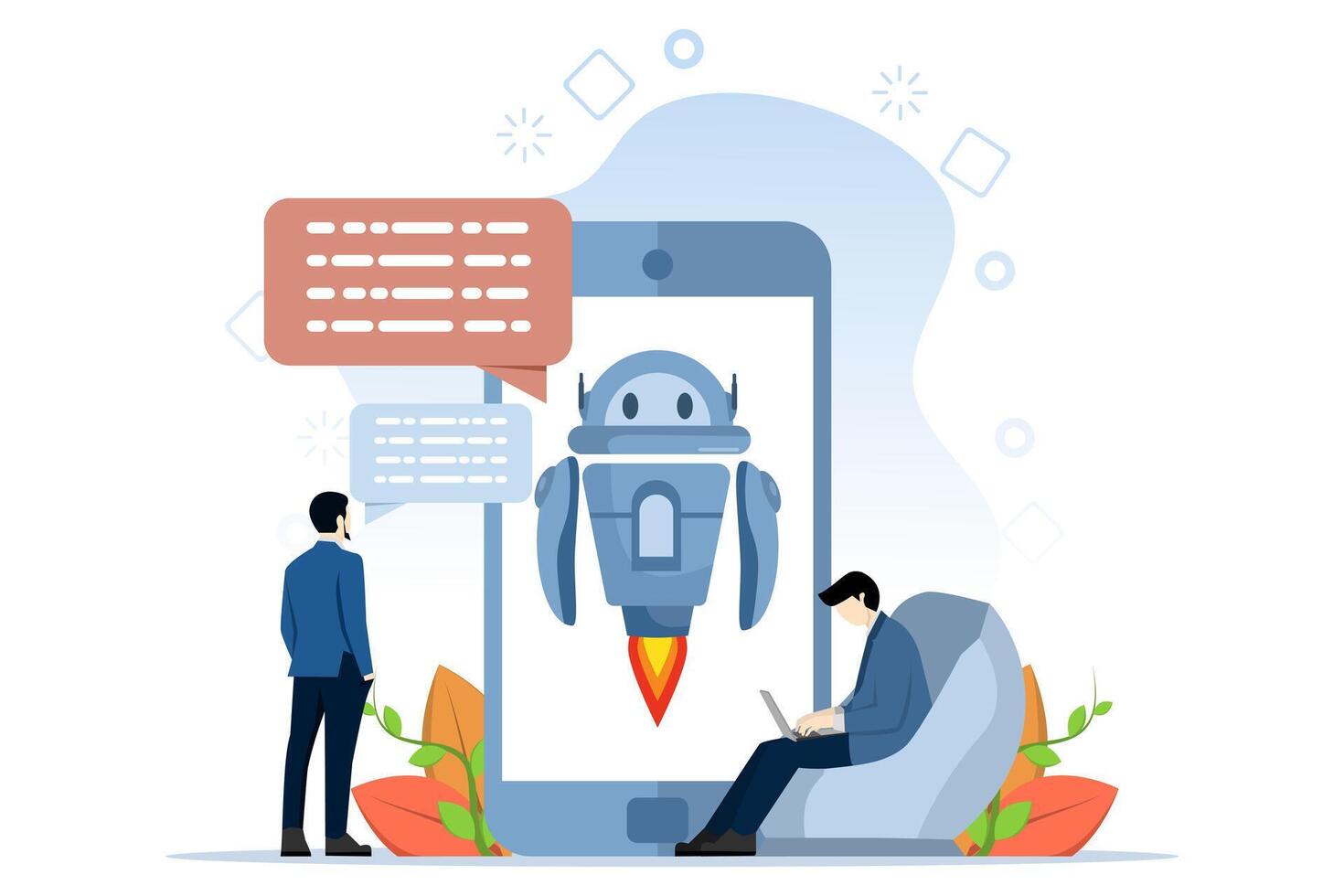 ai assistant soutien et FAQ concept. demander des questions, et recevoir réponses. client dialogue avec chatbots sur téléphones intelligents. personnage bavarder avec robot, plat vecteur illustration sur blanc Contexte.