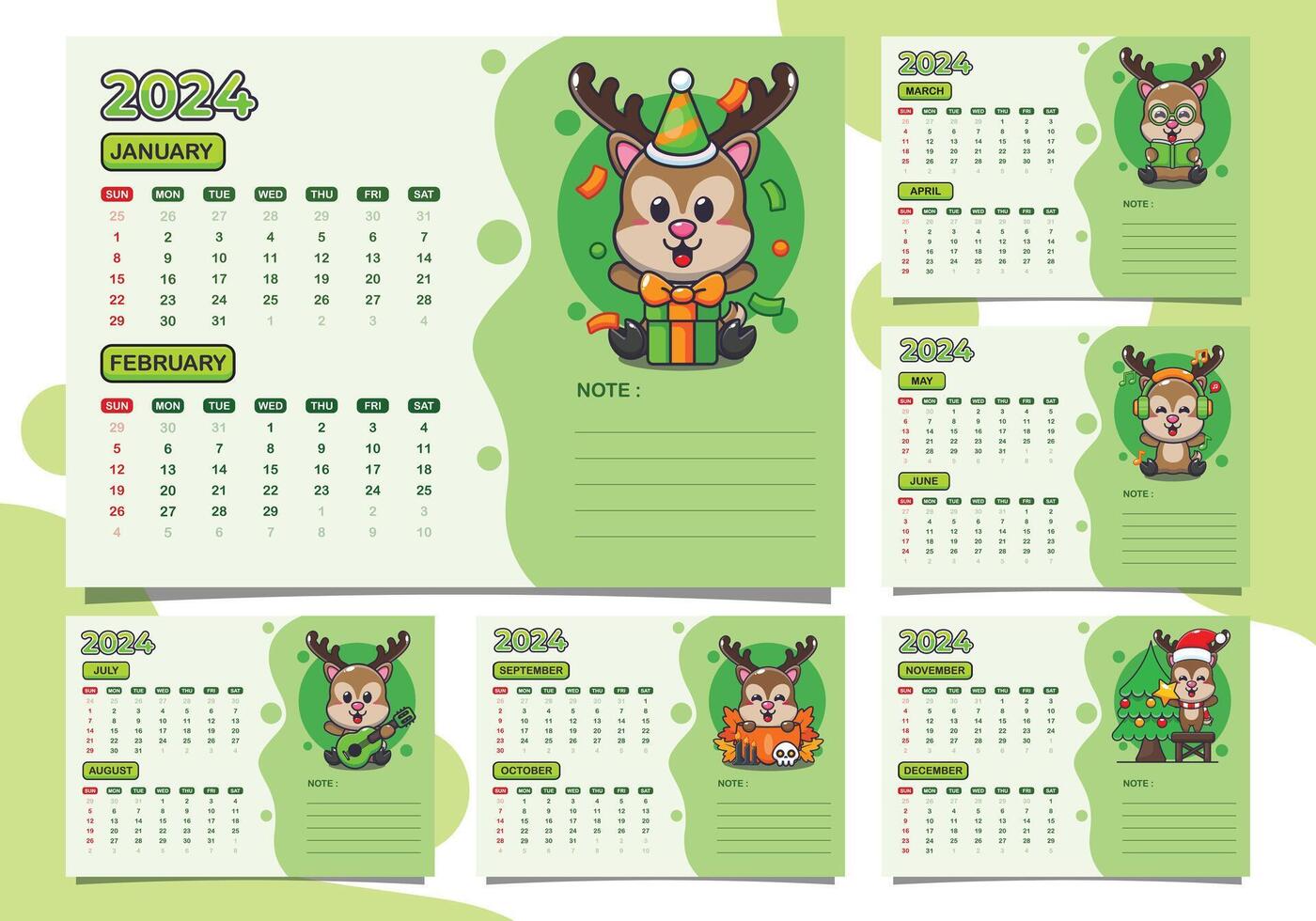 calendrier 2024 année avec mignonne cerf personnage. trimestre calendrier modèle pour 2024 an. vecteur