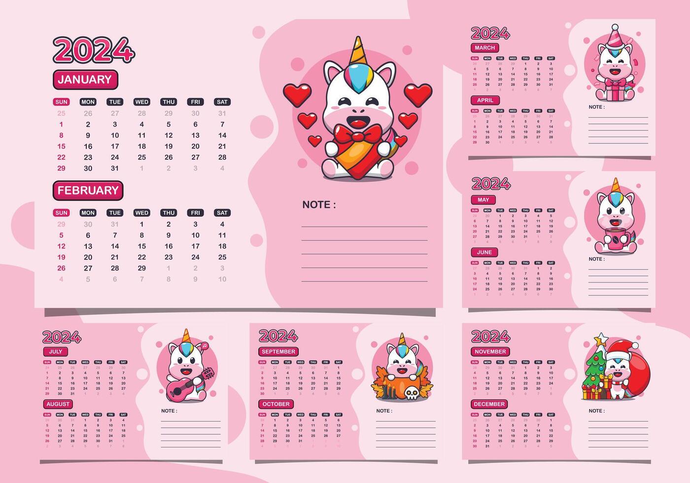 calendrier 2024 année avec mignonne Licorne personnage. trimestre calendrier modèle pour 2024 an. vecteur