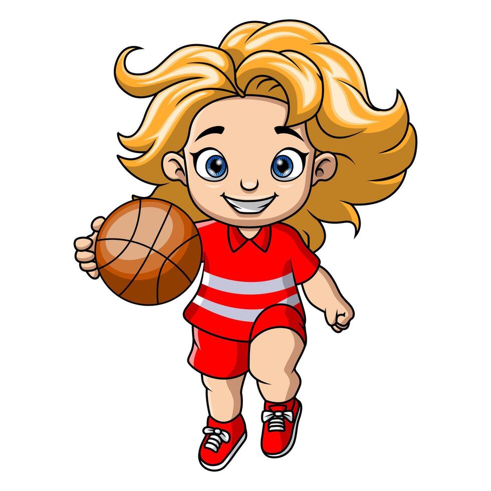 mignonne peu fille dessin animé en jouant basketball vecteur