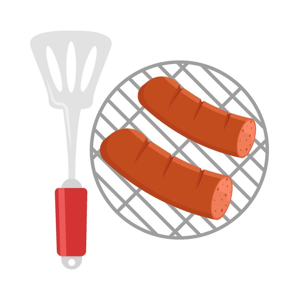 spatule avec saucisse dans gril illustration vecteur