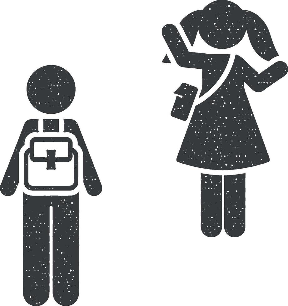école, garçon, fille, au revoir, icône vecteur illustration dans timbre style