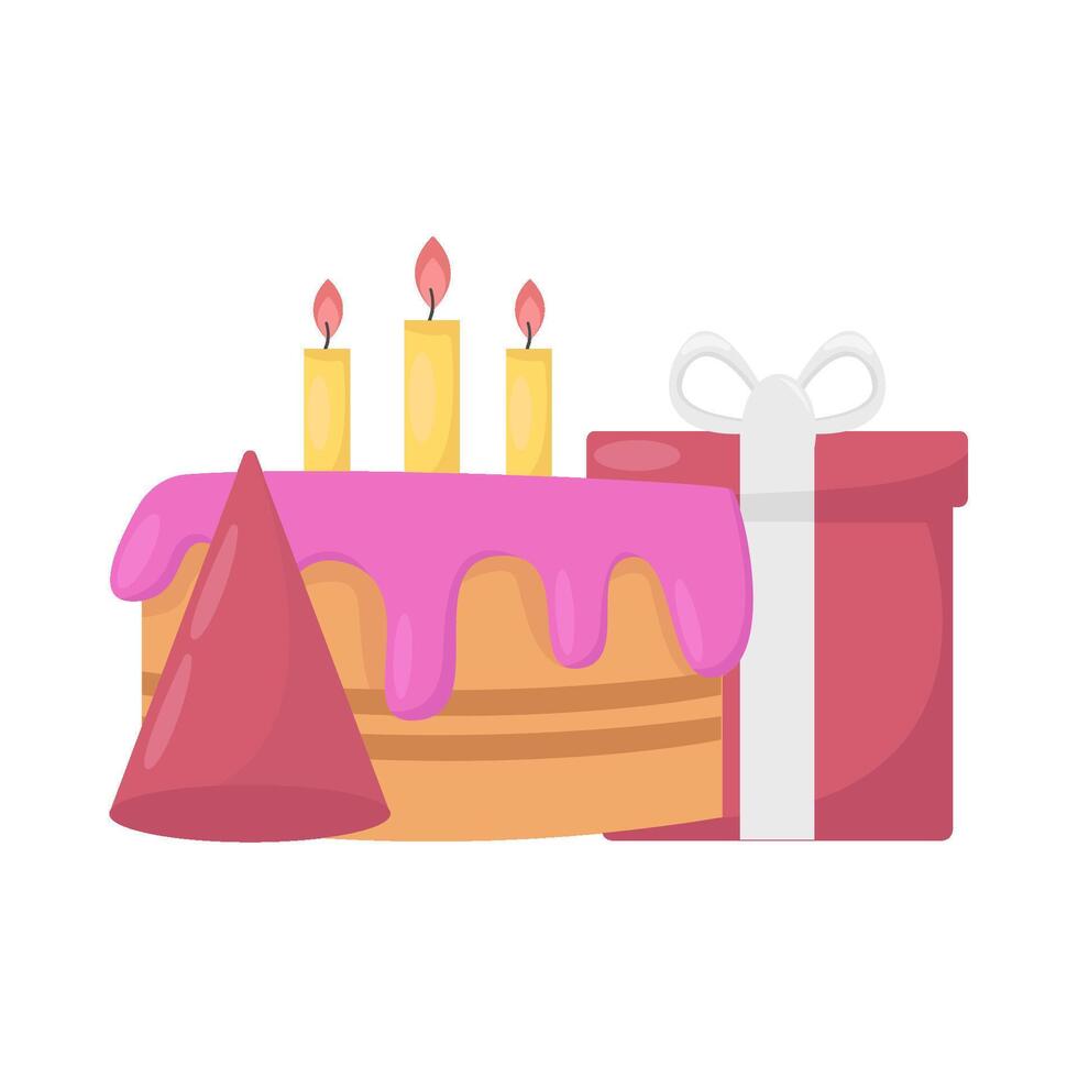 anniversaire gâteau, chapeau anniversaire avec cadeau boîte illustration vecteur