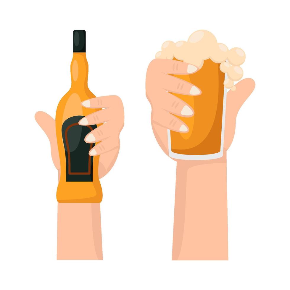 bouteille de l'alcool avec verre de l'alcool boisson dans main illustration vecteur