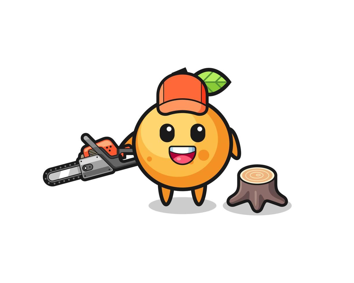 personnage de bûcheron de fruits orange tenant une tronçonneuse vecteur