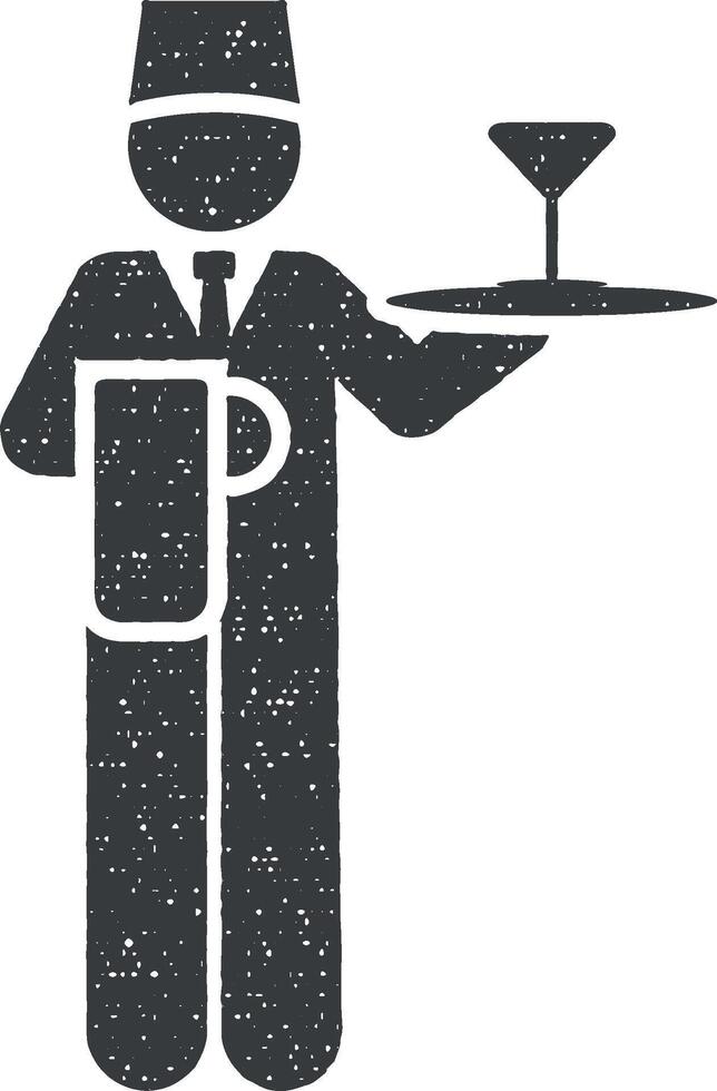 cocktail, prestations de service, homme, Hôtel icône vecteur illustration dans timbre style