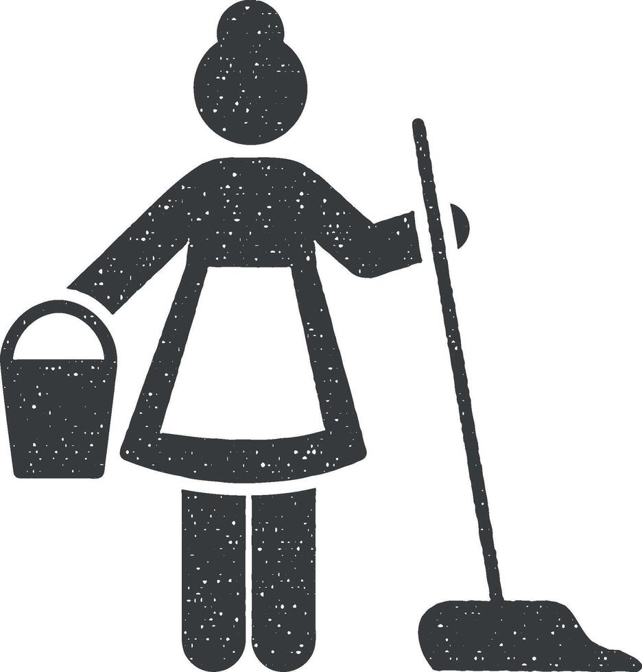 femme de ménage, pictos humains, hôtel, prestations de service icône vecteur illustration dans timbre style