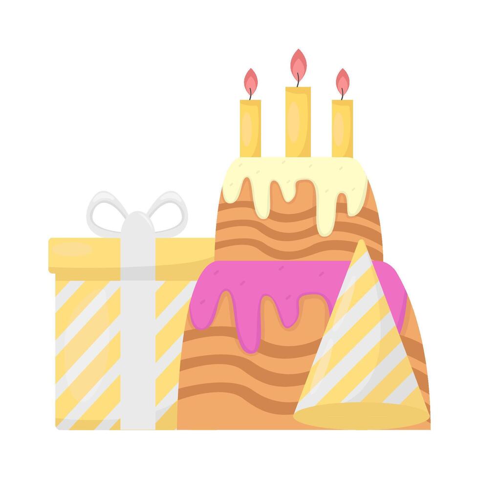anniversaire gâteau, chapeau anniversaire avec cadeau boîte illustration vecteur