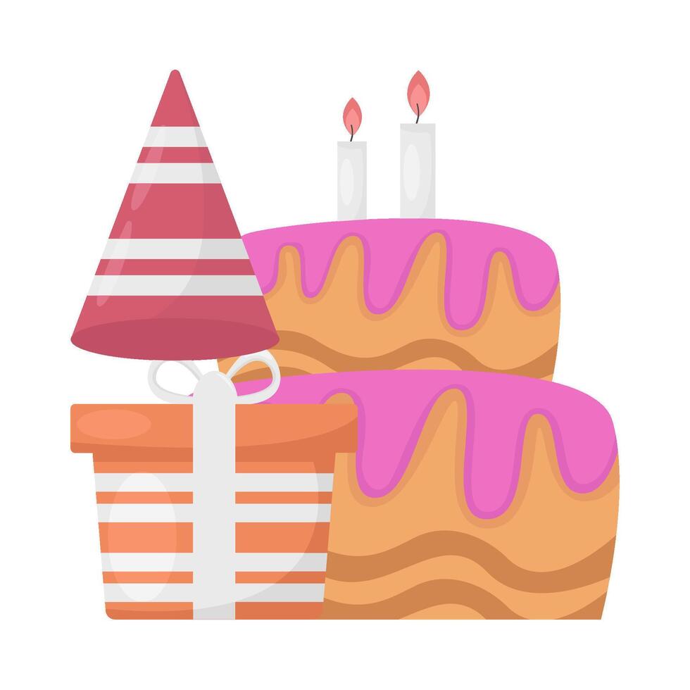 anniversaire gâteau, chapeau anniversaire avec cadeau boîte illustration vecteur