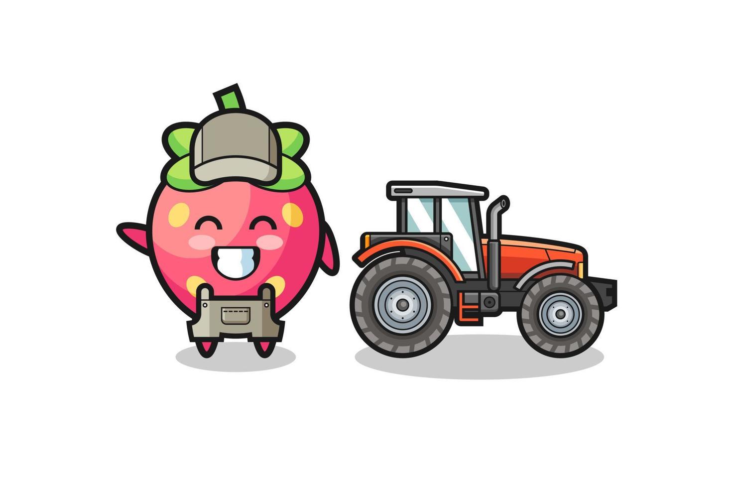la mascotte du fermier aux fraises debout à côté d'un tracteur vecteur