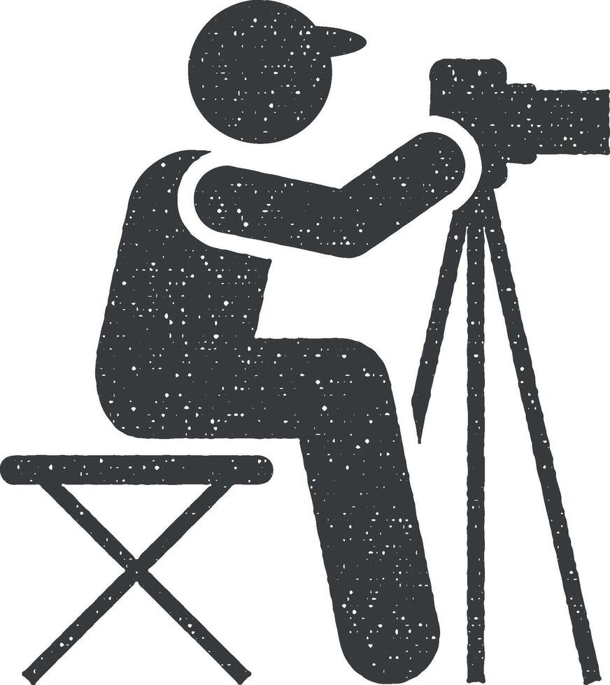 cameraman, la photographie, prise, trépied pictogramme icône vecteur illustration dans timbre style