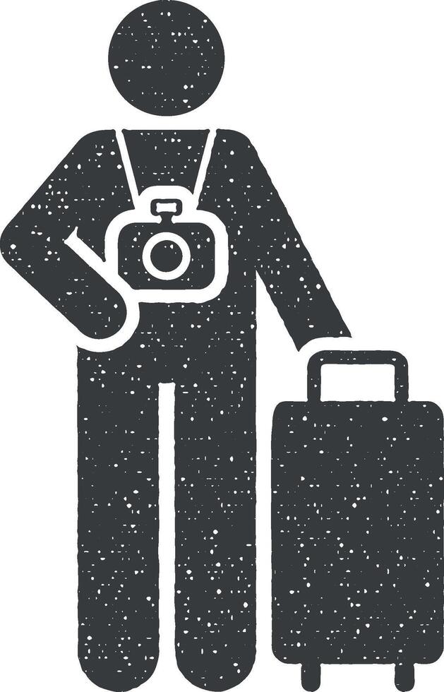 photographe, voyage, caméra pictogramme icône vecteur illustration dans timbre style