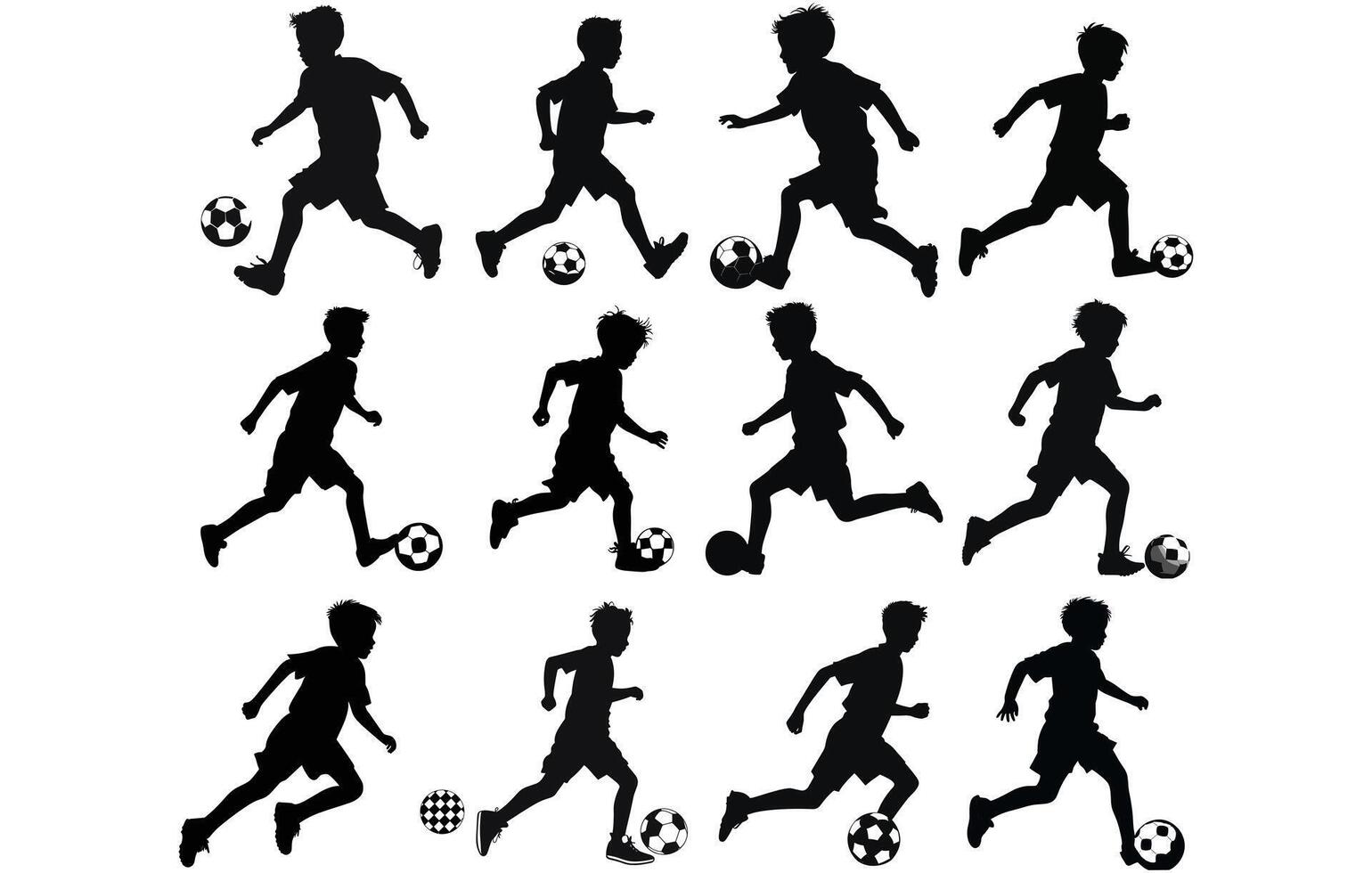 des gamins en jouant football silhouettes, footballeur, des gamins avec Balle vecteur