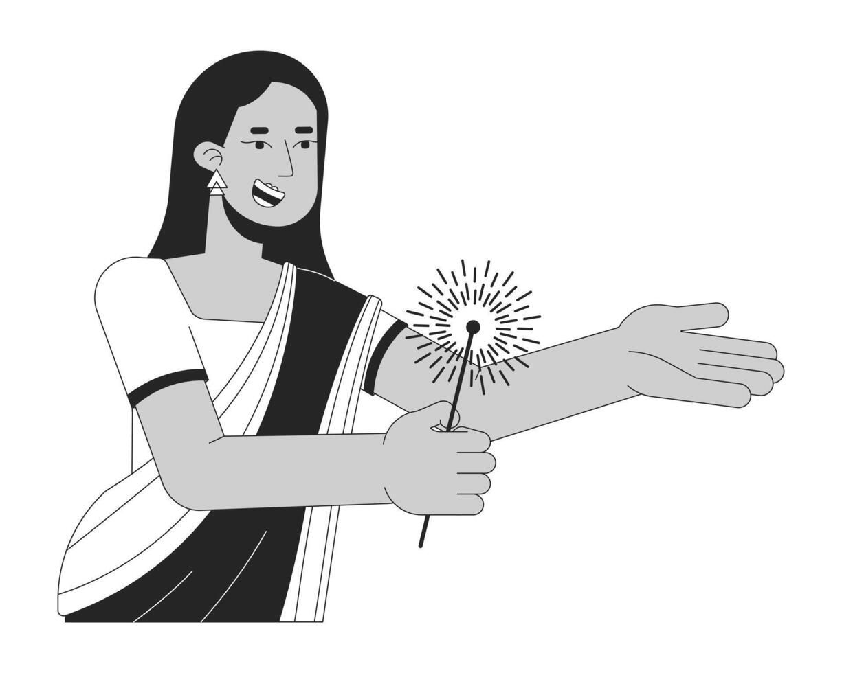 sari magnifique femme en portant cierge magique noir et blanc 2d ligne dessin animé personnage. Sud asiatique femelle isolé vecteur contour personne. Festival de lumières deepawali monochromatique plat place illustration