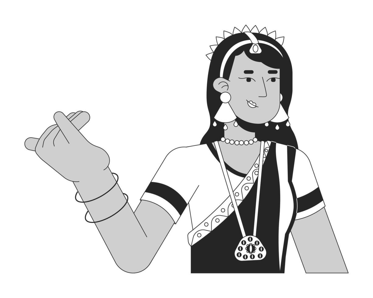 femelle bharatanatyam Danseur noir et blanc 2d ligne dessin animé personnage. ethnique porter Indien femme isolé vecteur contour personne. hindou Festival de lumières deepawali monochromatique plat place illustration