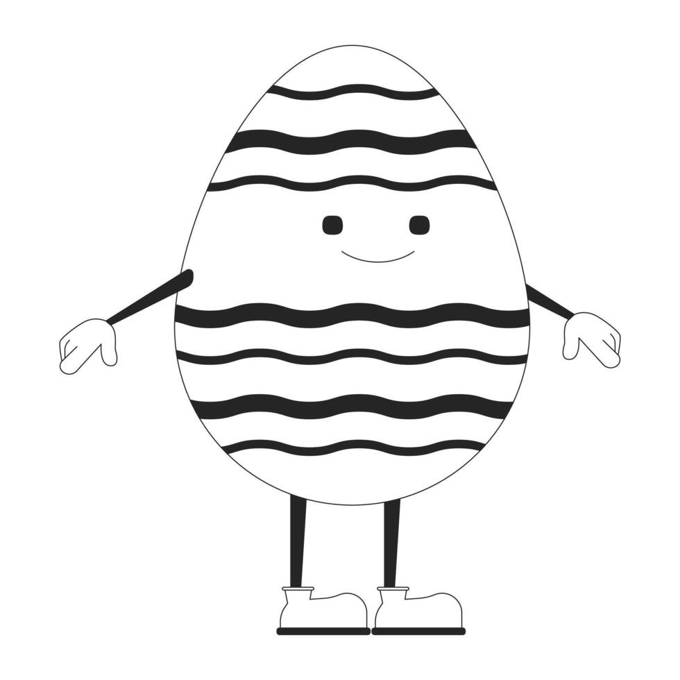 Pâques content Oeuf avec bras et jambes noir et blanc 2d ligne dessin animé personnage. souriant visage œuf de Pâques isolé vecteur contour personnage. coquille d'oeuf temps de Pâques monochromatique plat place illustration