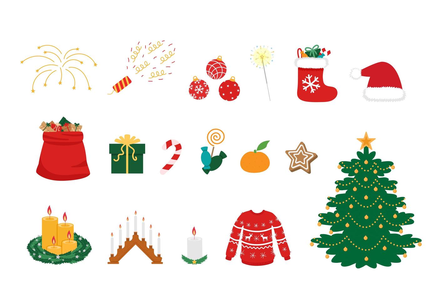 grand ensemble de symboles de noël. attributs de Noël colorés traditionnels. vecteur
