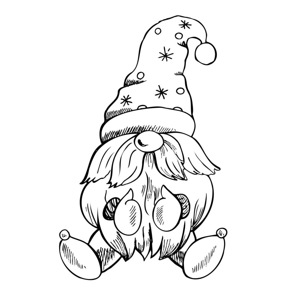 un gnome dessiné à la main dans un chapeau avec des flocons de neige. le gnome scandinave. illustration vectorielle vintage. vecteur