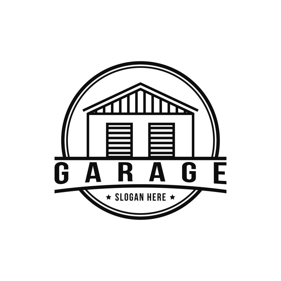 garage entrepôt logo conception bâtiment badge étiquette rétro ancien vecteur