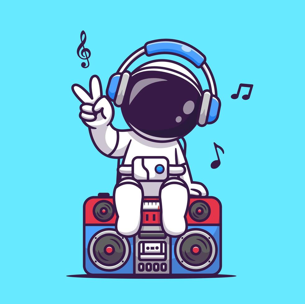 mignonne astronaute écoute la musique sur boombox dessin animé vecteur icône illustration. science la musique icône concept isolé prime vecteur. plat dessin animé style