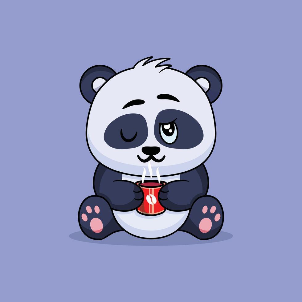 émoticône de mignonne Panda juste réveillé en haut avec tasse de café vecteur dessin animé illustration