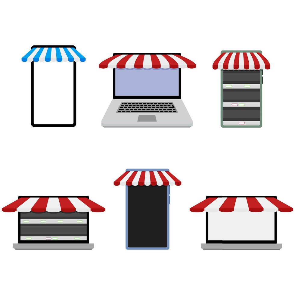 ensemble de modèle en ligne boutique portable et téléphone intelligent. vecteur en ligne électronique détail, rayonnage modèle, illustration de à distance épicerie magasin avec store, de face magasin disposition