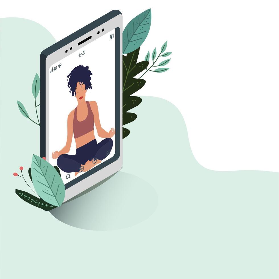 yoga en ligne leçon méditation pour corps et entraînement, pose lotus et aptitude en ligne, en bonne santé session extensible, vecteur illustration