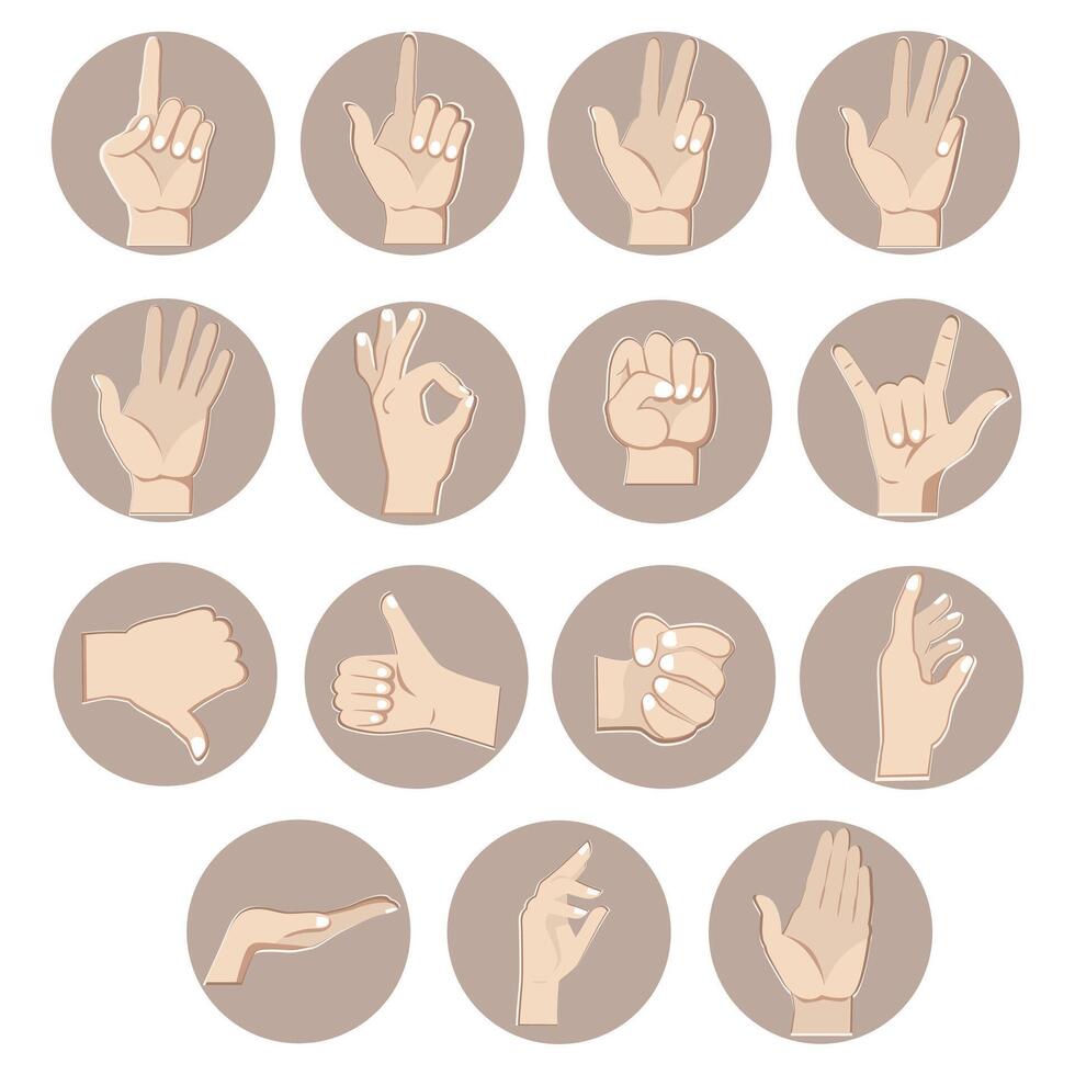 mains gestes ensemble, compte des doigts. vecteur de geste poing et pouce en haut, index pose, signal montrer du doigt, position spectacle D'accord illustration, approbation et compte