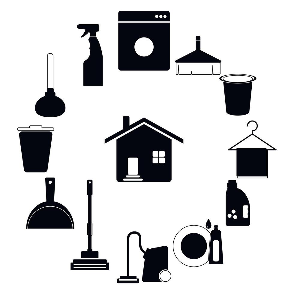 noir blanc nettoyage un service Icônes, laver nettoyer et rangé. illustration de travaux ménagers et laver service, nettoyeur et brosse vecteur