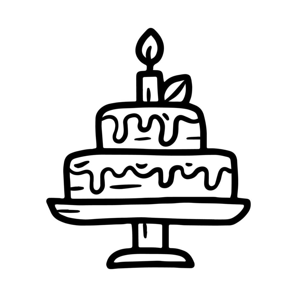 gâteau d'anniversaire avec bougie, icône de croquis linéaire vecteur