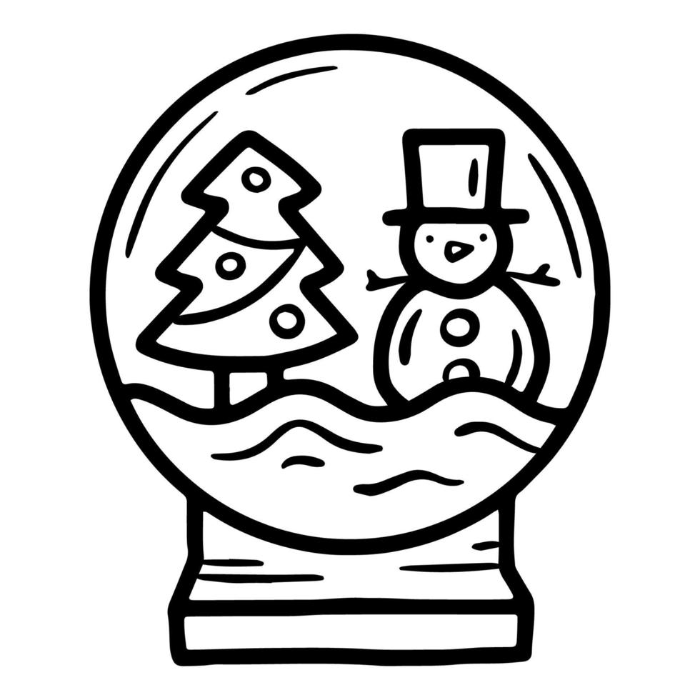 boule à neige avec bonhomme de neige et icône de vecteur linéaire de sapin de Noël