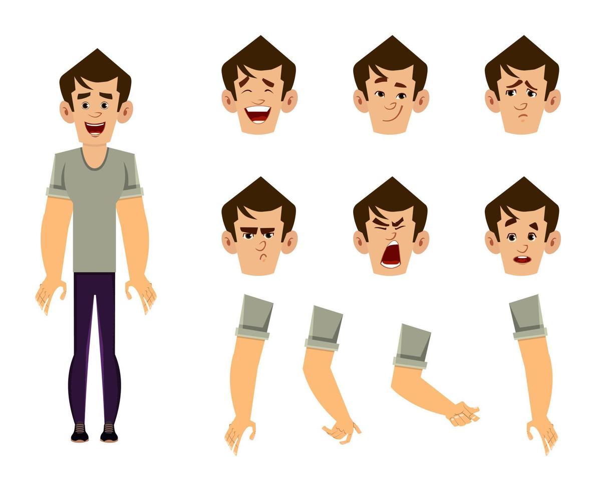 jeu de personnages de dessin animé homme décontracté pour votre animation, conception ou mouvement avec différentes émotions faciales et mains vecteur