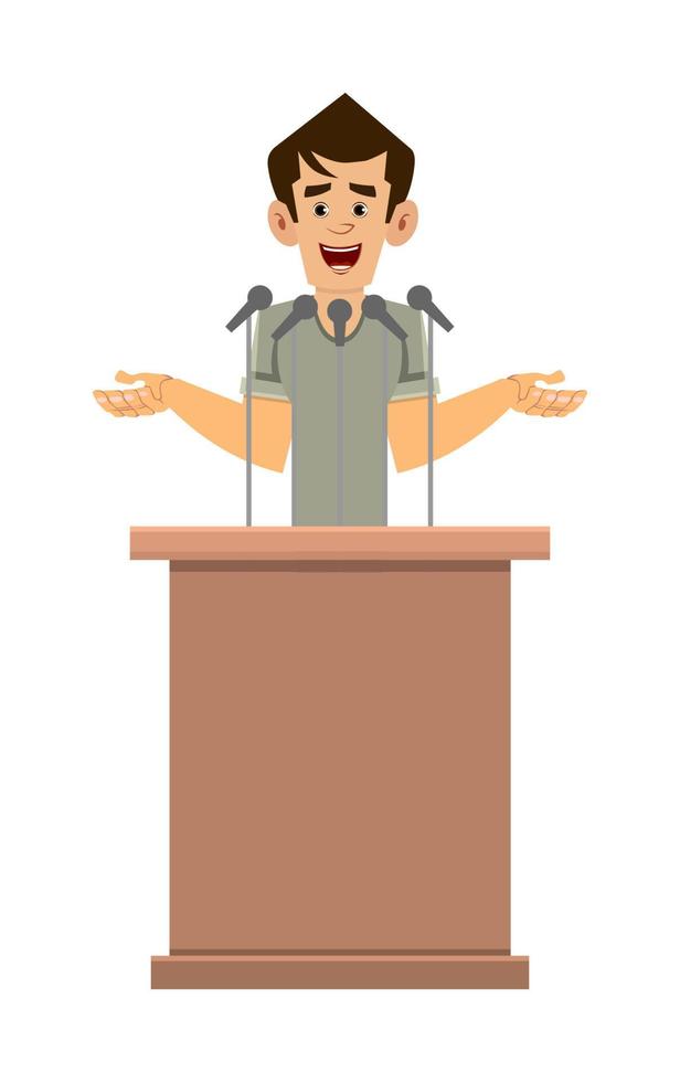 le haut-parleur de personnage de dessin animé d'homme décontracté se tient derrière le podium et parle vecteur