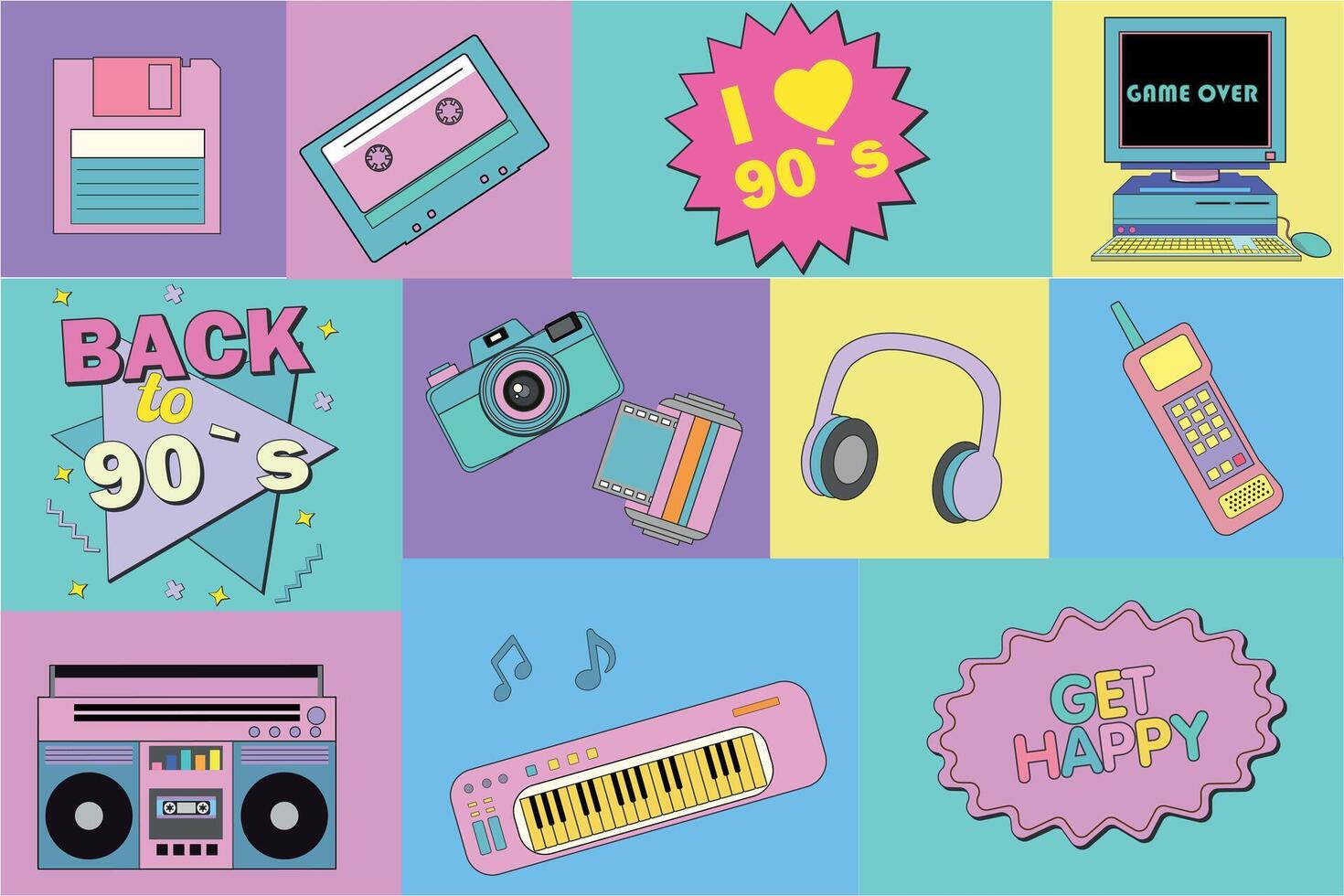 ensemble de coloré rétro éléments Années 80 années 90. collection de Années 90 éléments vieux ordinateur personnel, téléphone, l'audio joueur, cassette, CD, souple disque, rouleau patin. géométrique affiche dans pop art style. rétro ensemble de Années 80 Années 90 vecteur