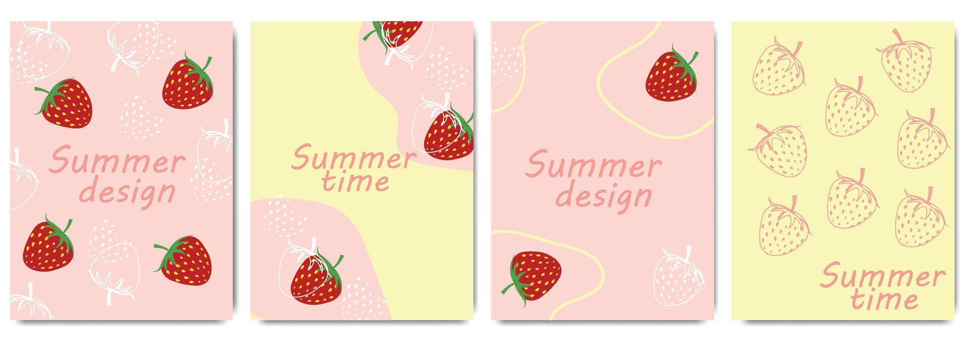 collection de coloré rétro cartes sur le été baie fraise. ligne art conception avec été rouge baie. modèles pour fête, les publicités, l'image de marque, bannière, couverture, étiqueter, affiche vecteur
