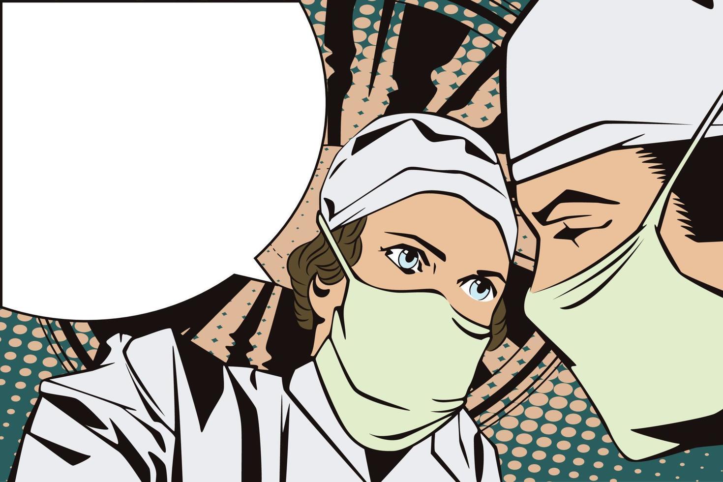 les gens dans le pop art de style rétro et la publicité vintage. les médecins au bloc opératoire. vecteur