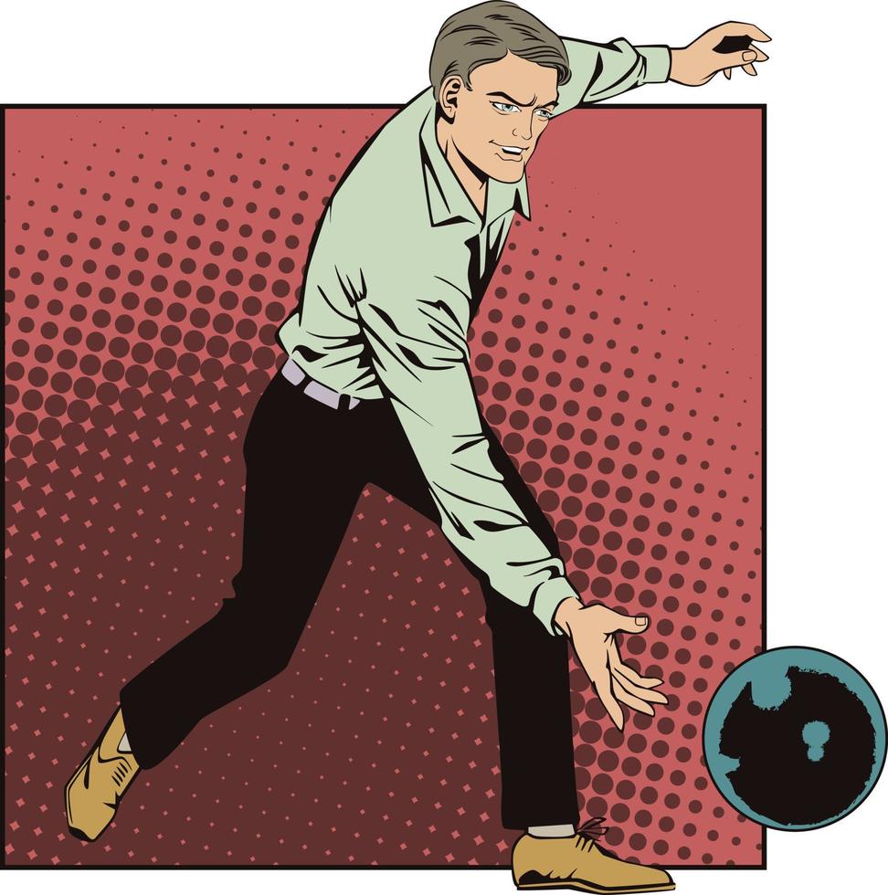 les gens dans le pop art de style rétro et la publicité vintage. l'homme lance la balle au bowling. vecteur