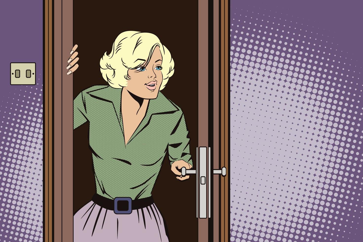 illustration de stock. les gens dans le pop art de style rétro et la publicité vintage. fille jette un coup d'œil par la porte. vecteur