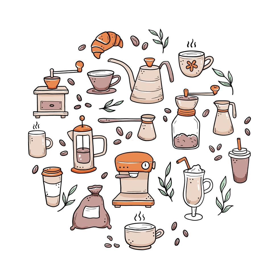 ensemble d'éléments de café dessinés à la main doodle vecteur