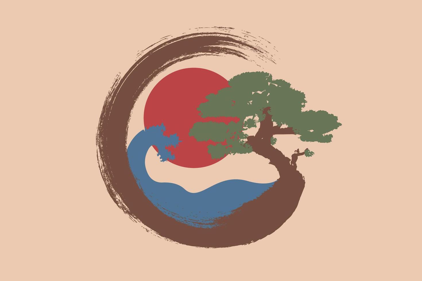 Japonais paysage sur enso Zen cercle, bonsaï arbre et gros rouge soleil, dessiné à la main avec coloré encre dans traditionnel Oriental style sumi-e, vecteur logo conception dans peindre brosse art conception, ancien Contexte