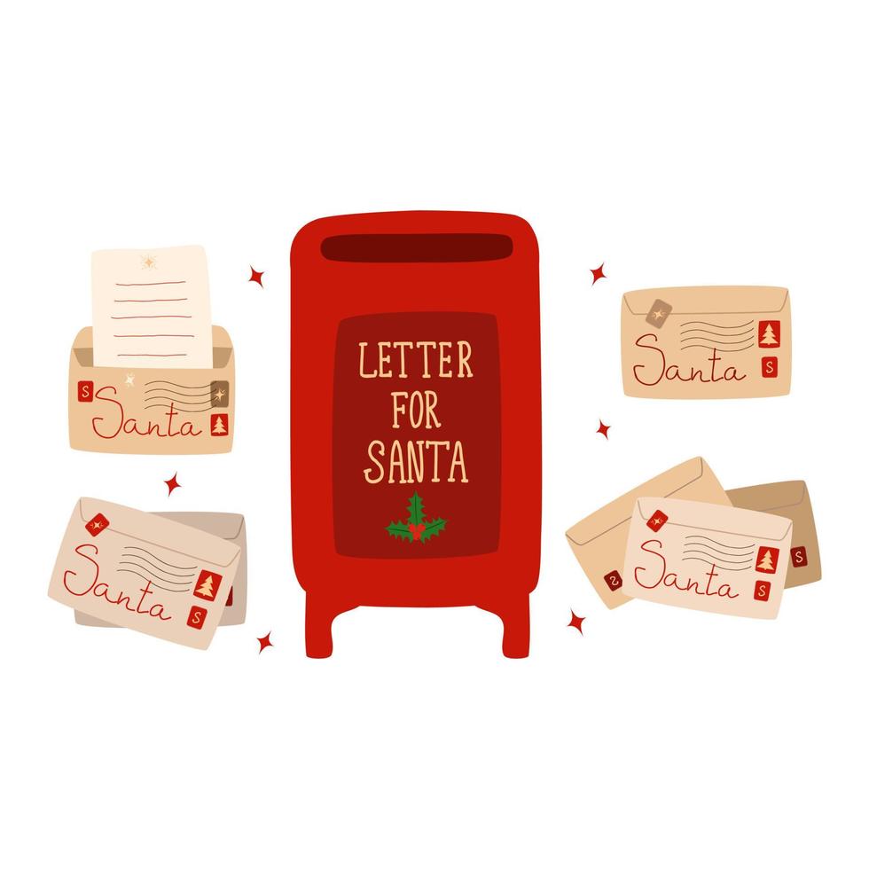 un ensemble d'enveloppes avec une lettre au père noël. boîte aux lettres rouge vecteur