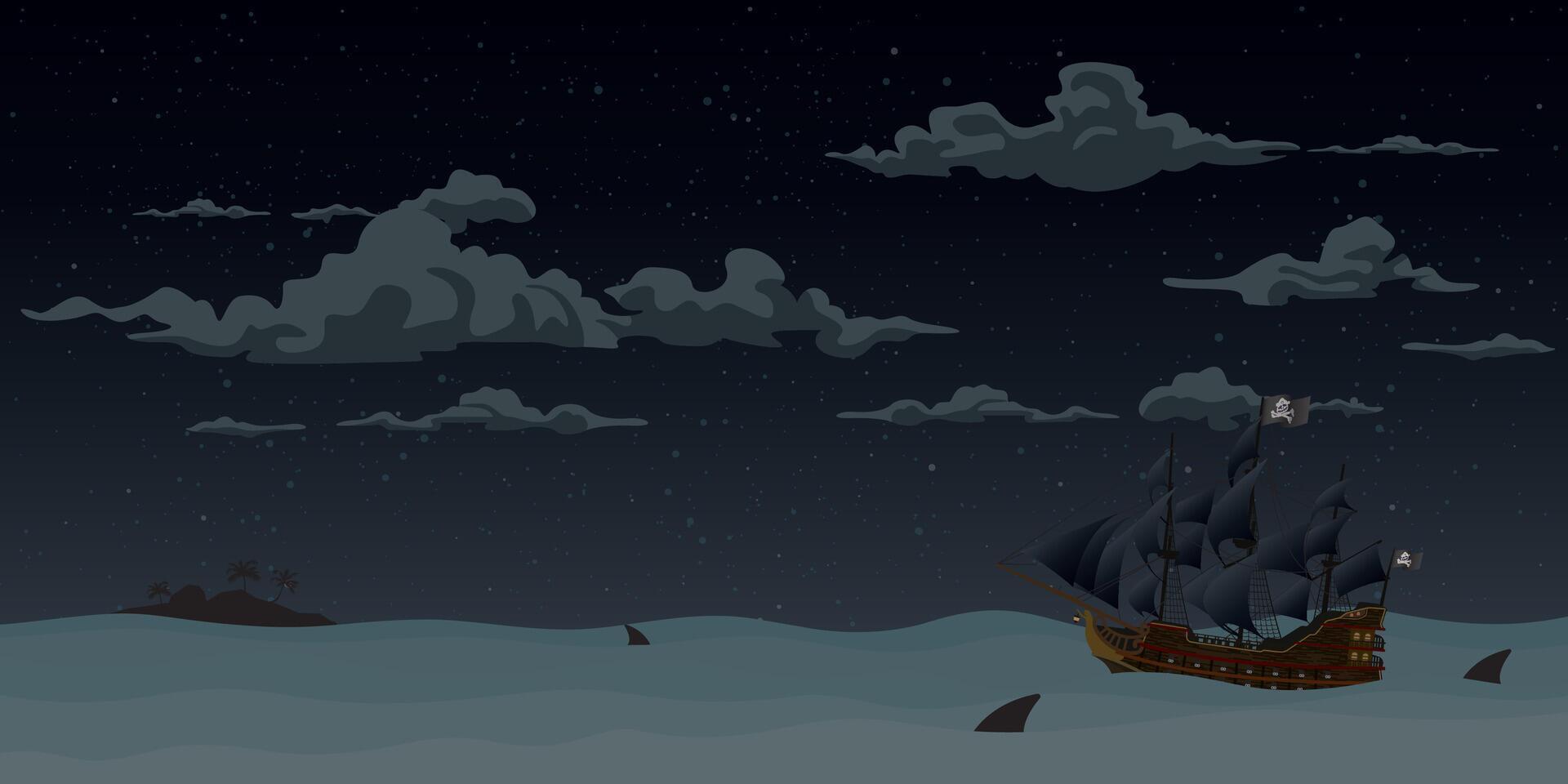pirate navire sur le mer à nuit vecteur illustration.