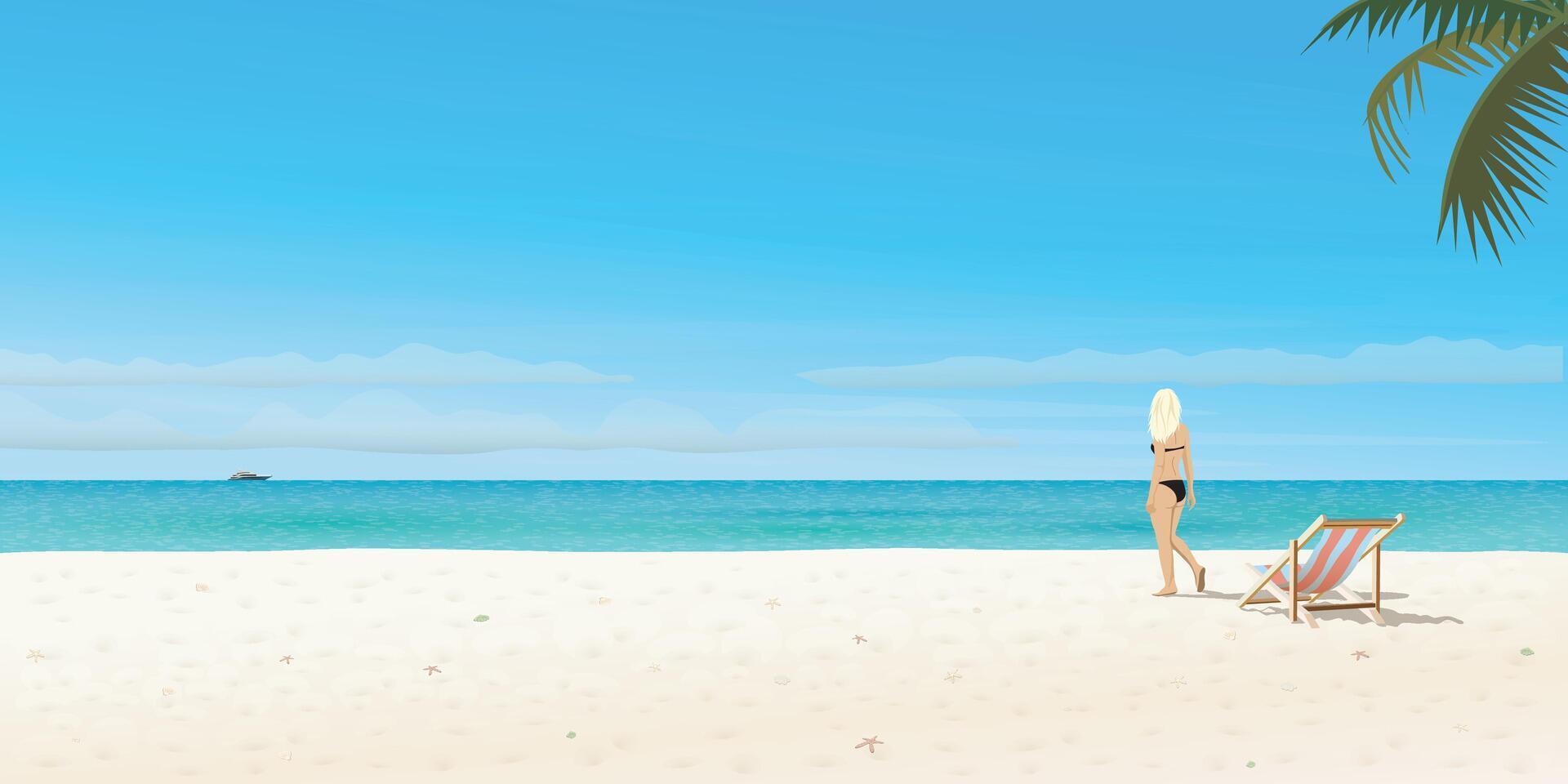 tropical bleu mer avec plage, chaise et blond cheveux fille vecteur illustration . paysage marin avoir Vide espace.