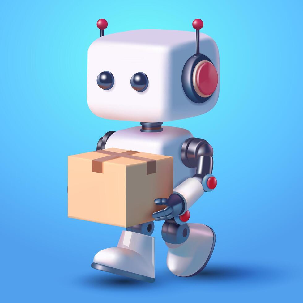 mignonne robot livrer paquets, 3d vecteur. adapté pour places de marché, sites Internet, commerce électronique, social médias et conception éléments vecteur