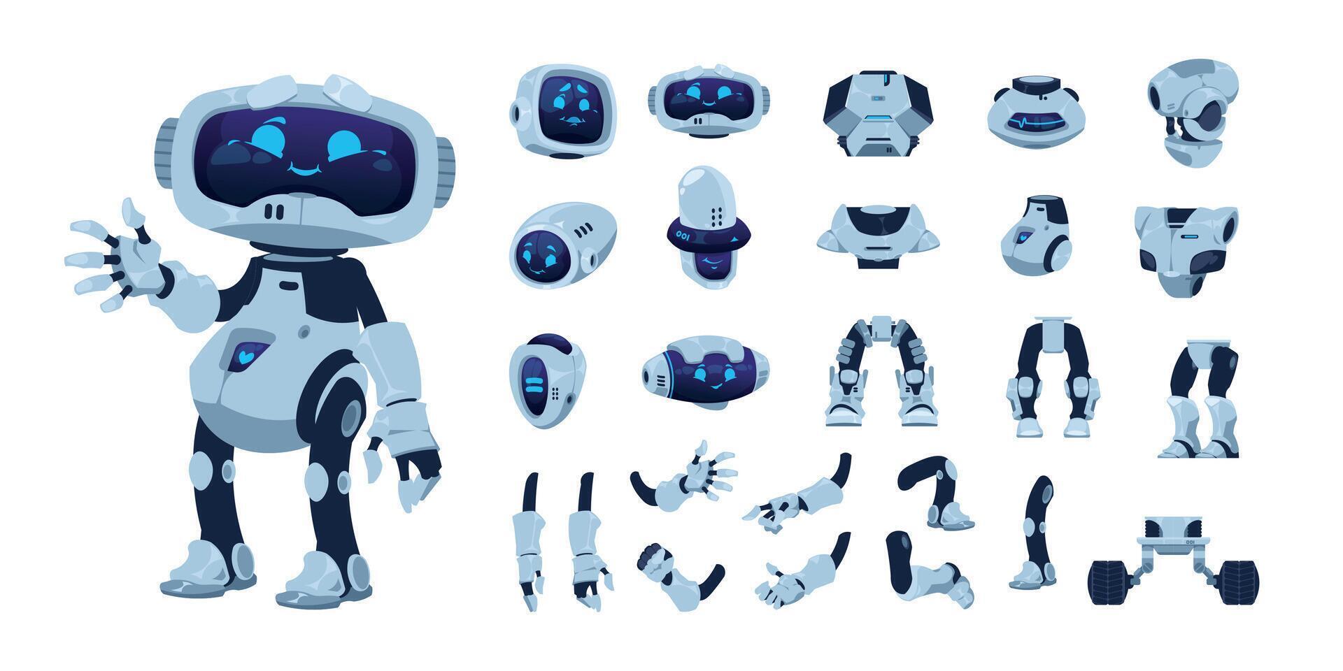 robot animation ensemble. dessin animé Android personnage avec artificiel intelligence, divers têtes jambes bras et corps. vecteur mignonne futuriste robot