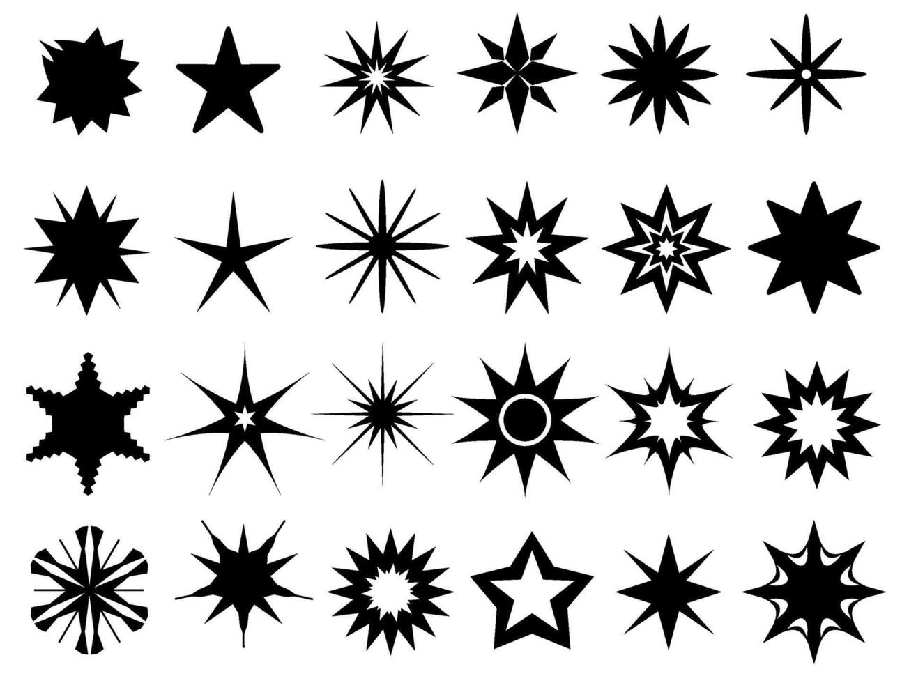 plat scintillait étoiles noir silhouettes, logo conceptions. scintillement la magie étoile symboles. scintille et briller particules formes. étoile Icônes vecteur ensemble