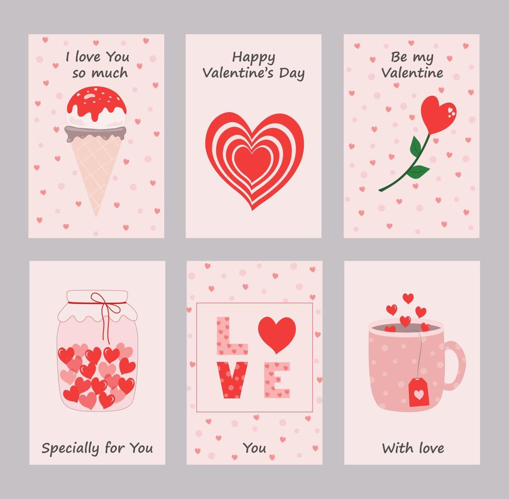 jeu de cartes de la Saint-Valentin. illustration vectorielle. glace, pot de coeurs, fleur, tasse de café, amour, coeurs vecteur